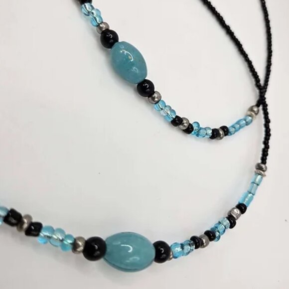 Boho Aqua Marine & Black Spiked 30" Beaded Necklace - Picture 4 of 10